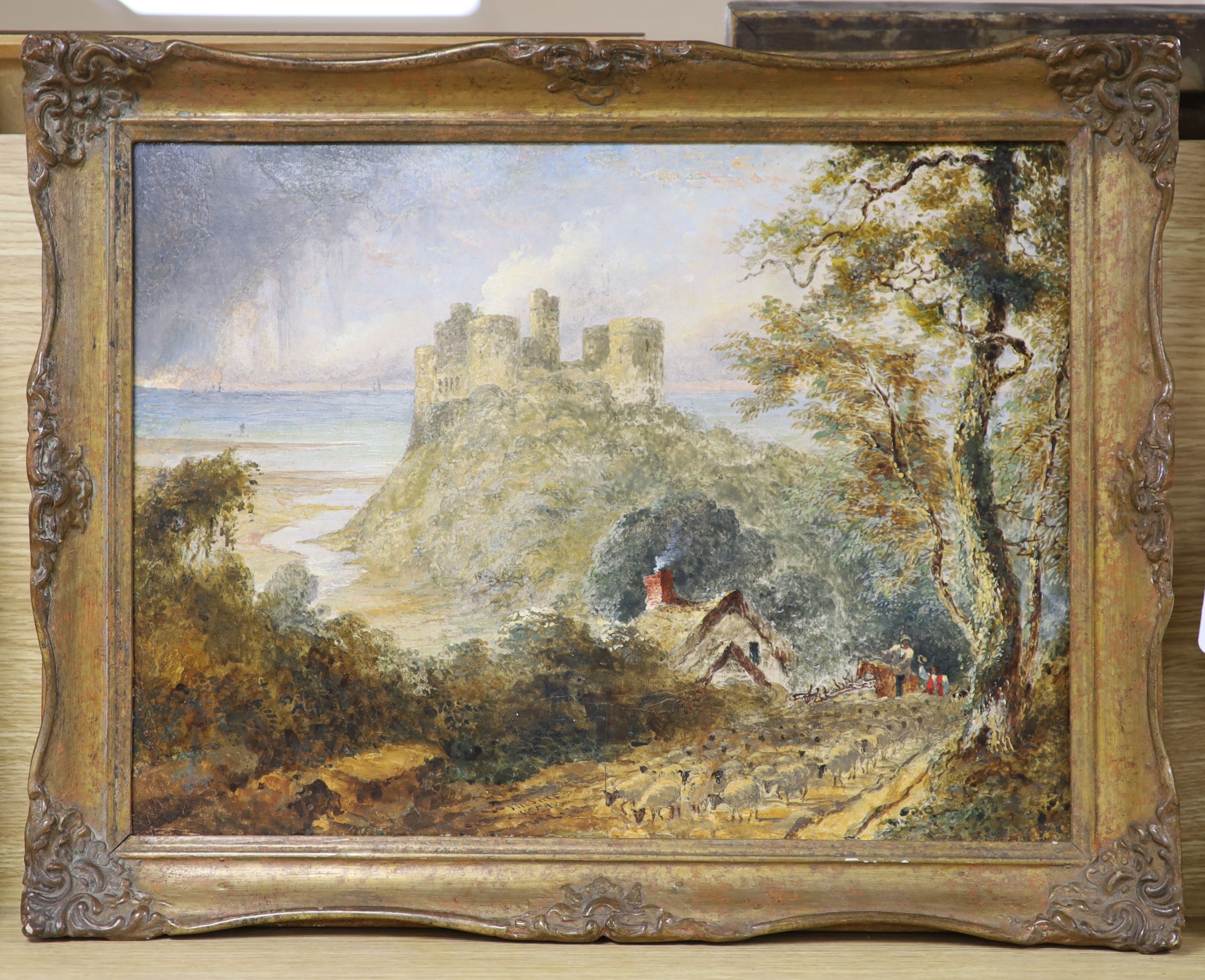 After Nasmyth, oil on canvas, coastal landscape with a castle, 30 x 40cm.